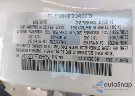 2015 Mazda Cx-9 Grand Touring z USA, uszkodzony, nr VIN JM3TB2DA7F0456258